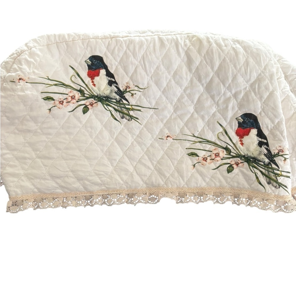 VTG Ivory White Quilted Toaster Cover Appliquéd Birds Lace Trim 12” Farmhouse